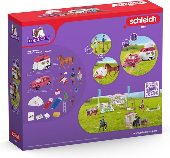 Verpakking van de Schleich Horse Club set met auto, trailer, paard en figuren.