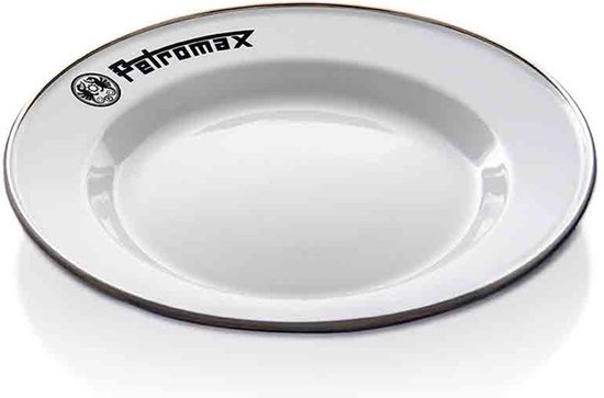Wit emaille bord met metalen rand en de tekst "Petromax".