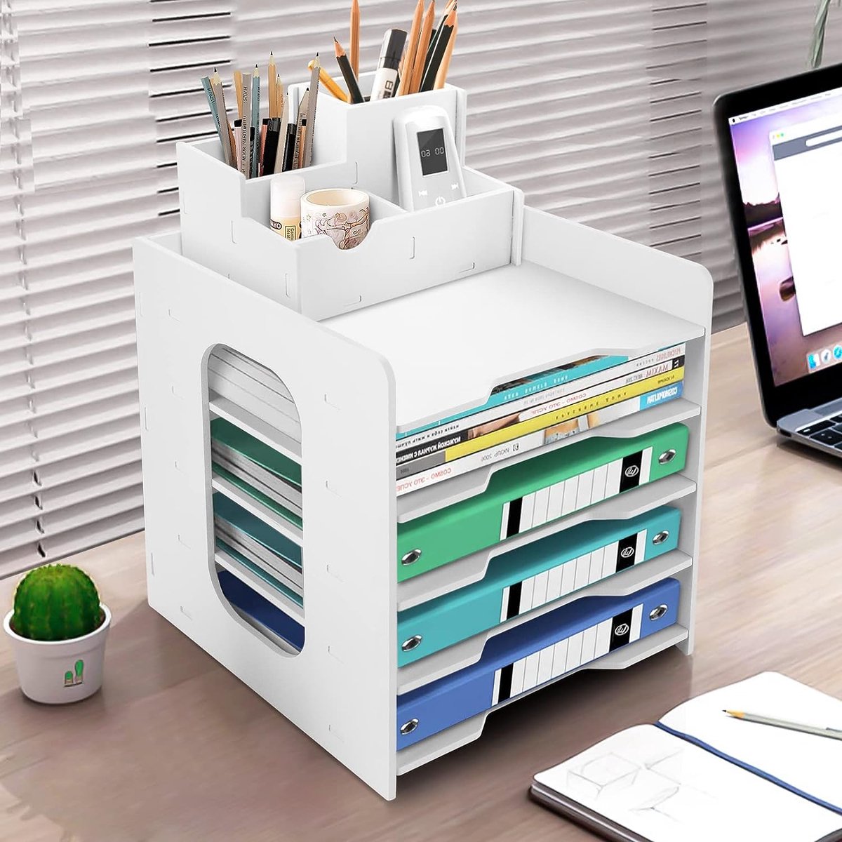 Organiseur De Bureau Blanc - Multifonctions - Organiseur De Bureau - Organiseur De Fichiers - Étagère De Rangement Pour La Maison, Le Bureau, L' école - (PB07-2