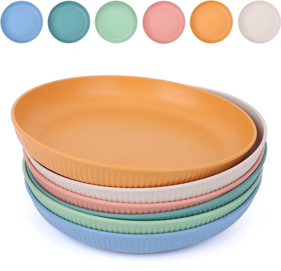 Lot de 6 assiettes plates incassables assiettes de pique-nique réutilisables 22,5 cm assiettes de camping micro-ondes et lave-vaisselle assiettes lumineuses pour salade pâtes fête maison 6 couleurs