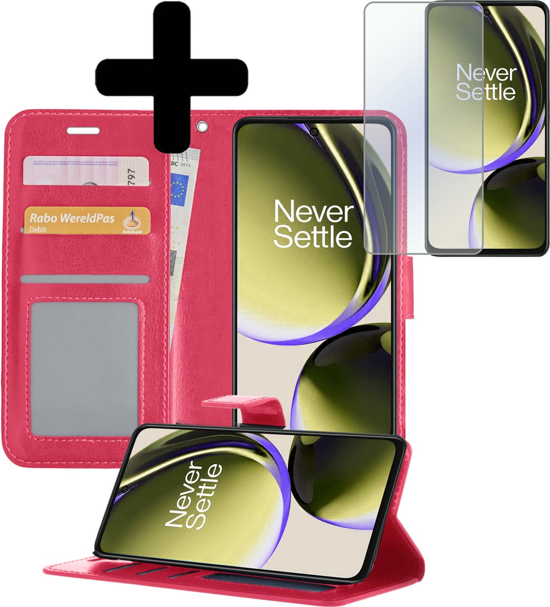 Hoesje - Met Screenprotector - Geschikt voor OnePlus Nord CE 3 Lite - Luxe Pasjeshouder - Bookcase Portemonee - Flip Case - Kunstleer Book Case - Flipcase - Book Cover - Walletcase - Portemonneehoes - Telefoonhoesjes - Donkerroze