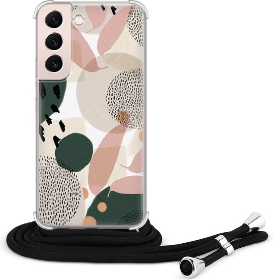 Hoesje met koord - Geschikt voor Samsung Galaxy S22 - Abstract print - Verstelbaar zwart koord - Crossbody - Print / Illustratie - Transparant, Beige - Leuke Telefoonhoesjes