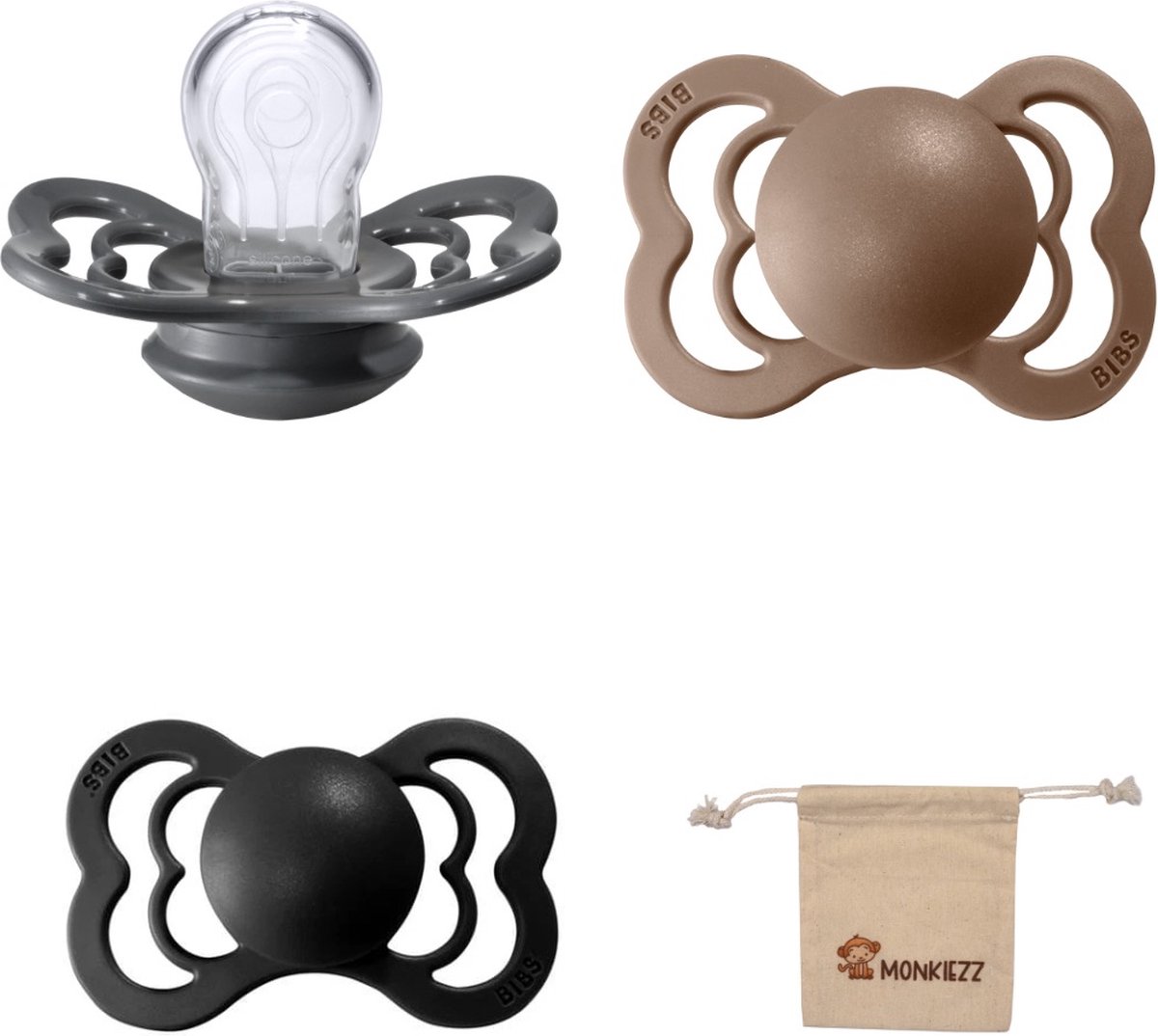 Goedkoopste BIBS Supreme Fopspenen - Maat 1 0-6 maanden - Silicone - Dark Oak – Iron – Black Monkiezz speenzakje