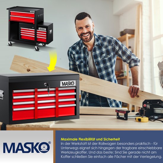 MASKO® Werkplaatswagen - 5 Laden, Rood Afsluitbaar Massief Metaal Mobiele Gereedschapswagen Zo