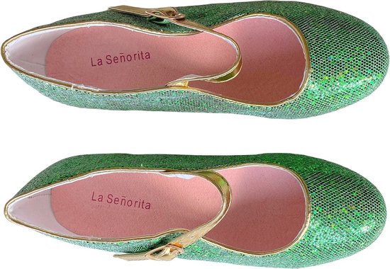 Prinsessen schoentjes Spaanse schoenen met hakje groen goud - Maat 30 (binnenmaat 19,5 cm) bij Anna prinsessenjurk - speelgoed schoenen -