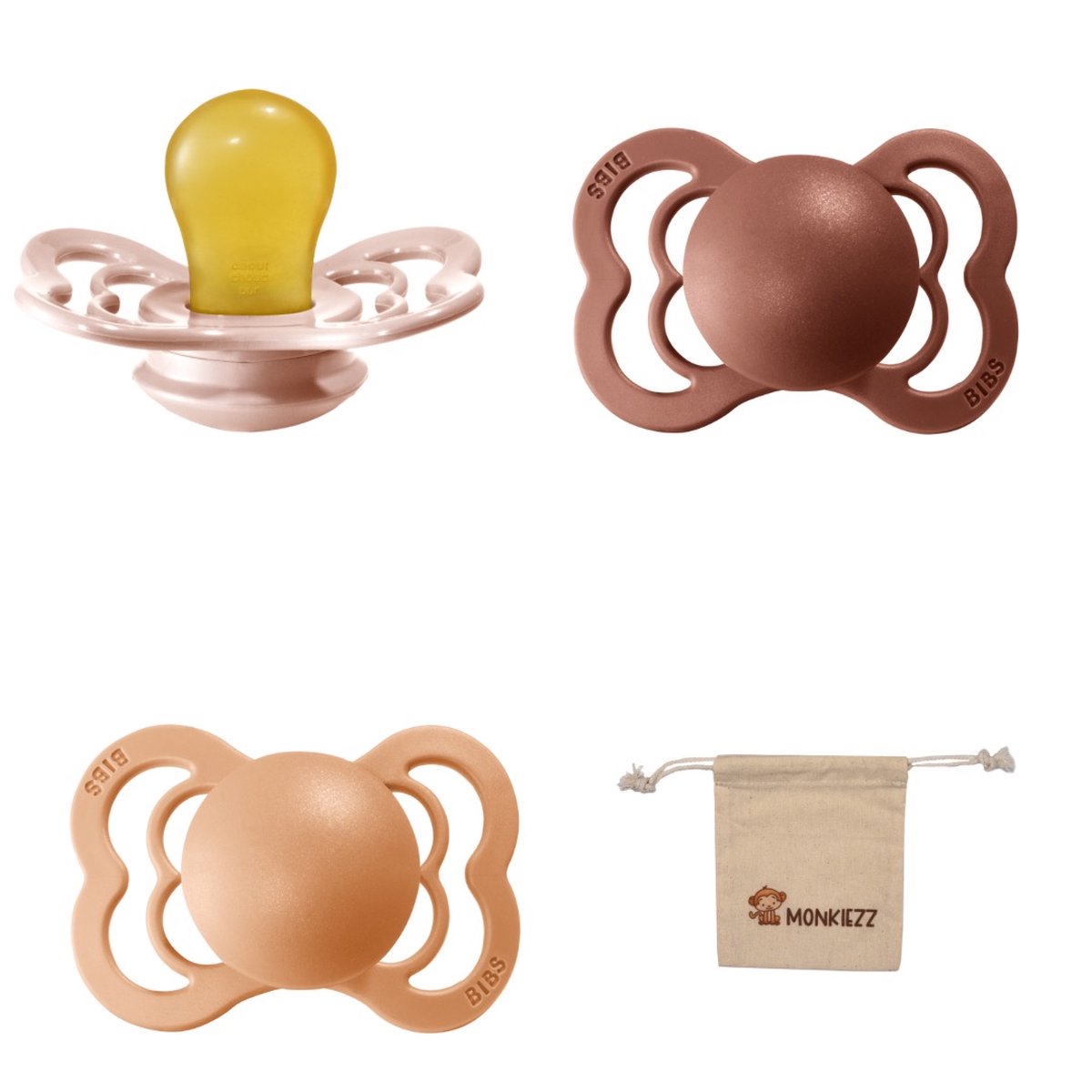 Goedkoopste BIBS Supreme Fopspenen - Maat 2 6-18 maanden - Latex – Blush - Peach – Woodchuck Monkiezz speenzakje