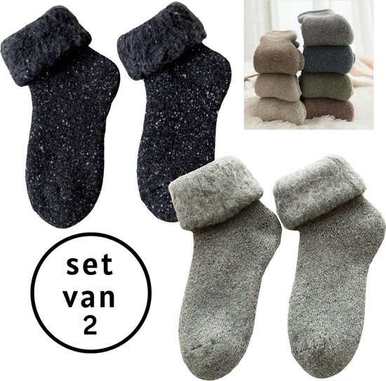 Warme winter sokken dames - set van 2 paar - maat 36-40 - wol - gevoerd - damessokken - huissokken - zwart - lichtgrijs - cadeautip - Merkloos