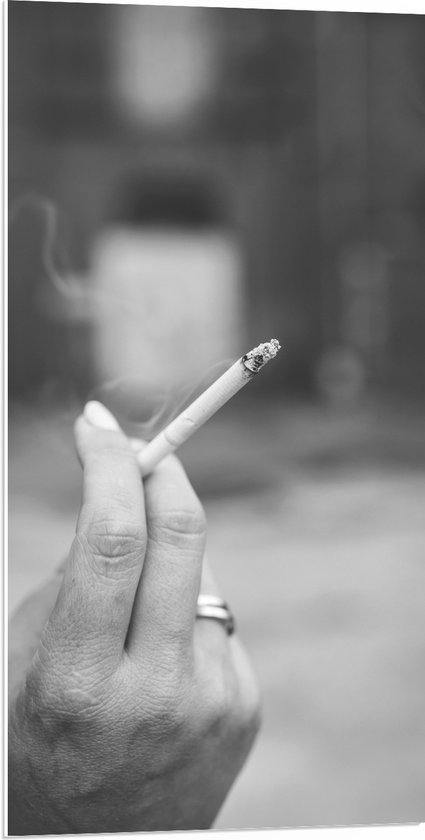PVC Schuimplaat- Sigaret - Roken- Hand - Ring - Rook - Zwart - Wit - 50x100 cm Foto op PVC Schuimplaat
