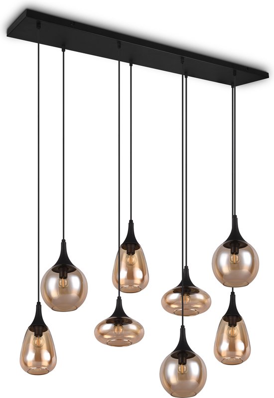TRIO LUMINA - Hanglamp - Zwart mat - excl. 8x E14 40W - Aanpasbaar in hoogte - Amber glas