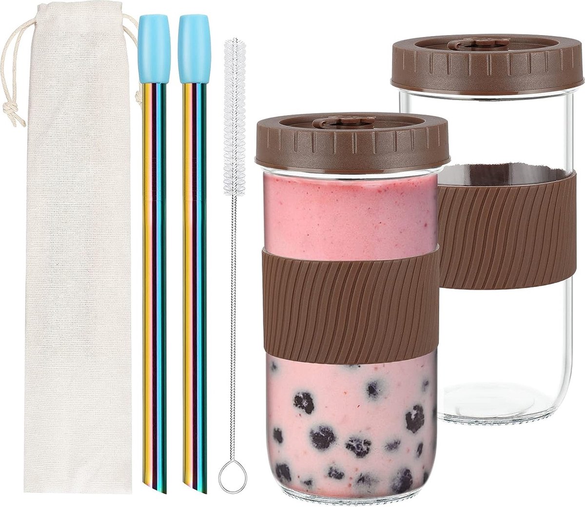 Goedkoopste 2 stuks theemokken, smoothiebeker 61 ml Bubble Tea beker met deksel en rietje, reisbeker voor bubbelthee, melkthee, smoothie, sap, ijskoffie - koffie