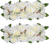 Witte rozen, kunstbloemen voor decoratie, 2 stuks, bloemenpanelen voor tafel, decoratieve bloemstukken met kunststof basis, zijden bloemen voor bruiloft, receptie, tafel, loper, woondecoratie