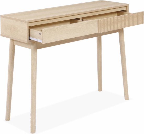 Houten consoletafel met twee laden. Een lade is geopend en toont een glad front en een front met verticale groeven.