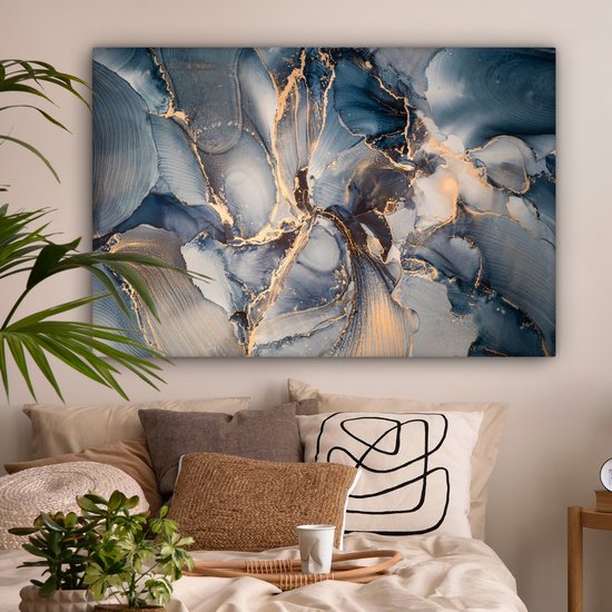 Toile Peinture Marbre - Grijs - Blauw - Luxe - Or - 120x80 cm - Décoration murale