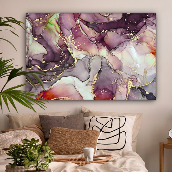 Tableau sur toile Marbre - Rouge - Violet - Or - 140x90 cm - Décoration murale