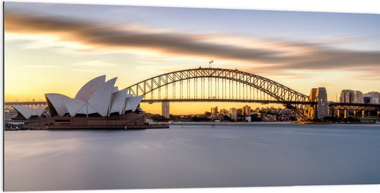 Dibond - Zonsondergang achter de Brug in Sydney, Australië - 200x100 cm Foto op Aluminium (Wanddecoratie van metaal)