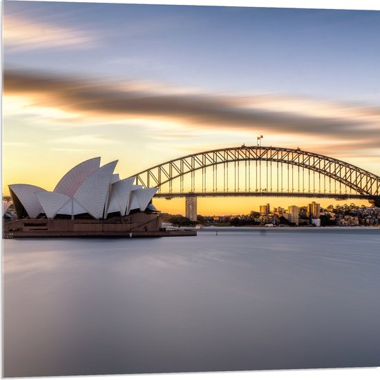 Acrylglas - Zonsondergang achter de Brug in Sydney, Australië - 80x80 cm Foto op Acrylglas (Wanddecoratie op Acrylaat)