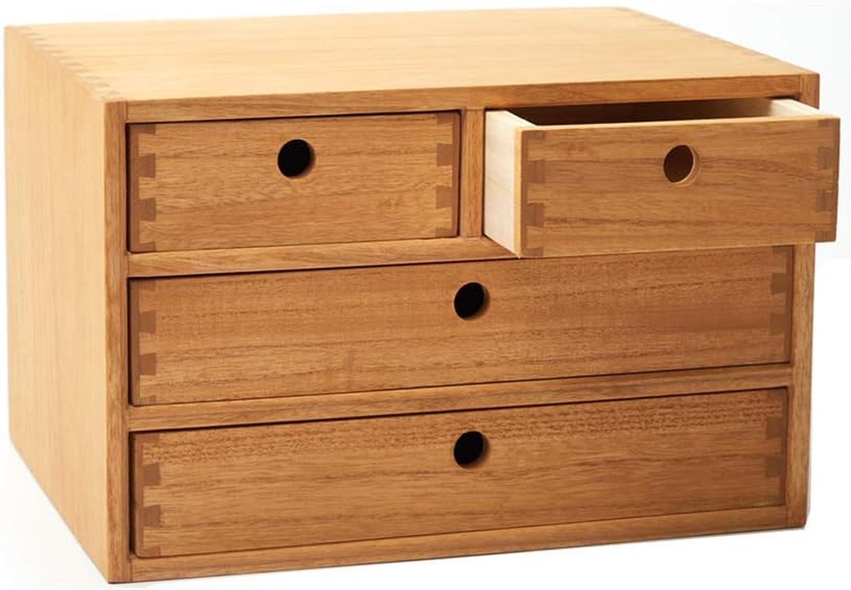 Houten bureau-organizer met schuifladen, thuiswerkplaats, kantoorbenodigdheden, houten opbergdoos, plankenkast, houder, make-upkast met 4 laden, naturel