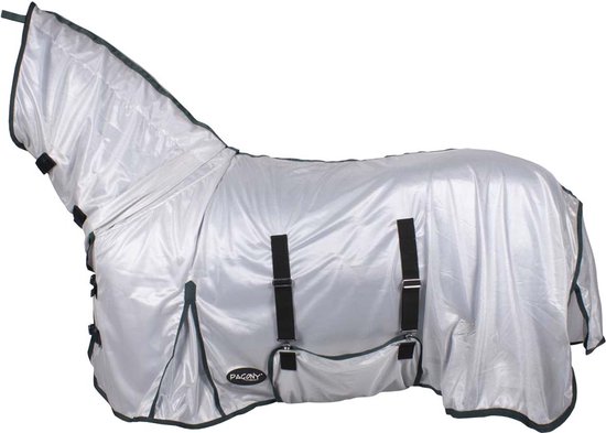 Zilverkleurige paardendeken met hals, donkergroene bies en gespen.