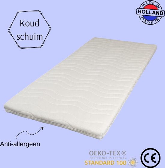 Matelas blanc en mousse froide à motif ondulé. Texte "Koud schuim" et "Anti-allergeen". Logo "Made in Holland".