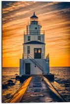 Dibond - Vuurtoren bij de Zee met Zonsondergang - 50x75 cm Foto op Aluminium (Met Ophangsysteem)