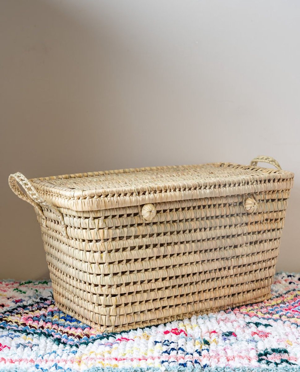 Marrokaanse opbergmand - opbergmand - 60cm - koffer - geschenk - speelgoedkoffer - kinderkamer - opberger - palmbladeren - opbergbox - kist - decoratie - mand - mand woonkamer - marrokaanse mand - rotan mand - basket - onderhoud - Opbergen