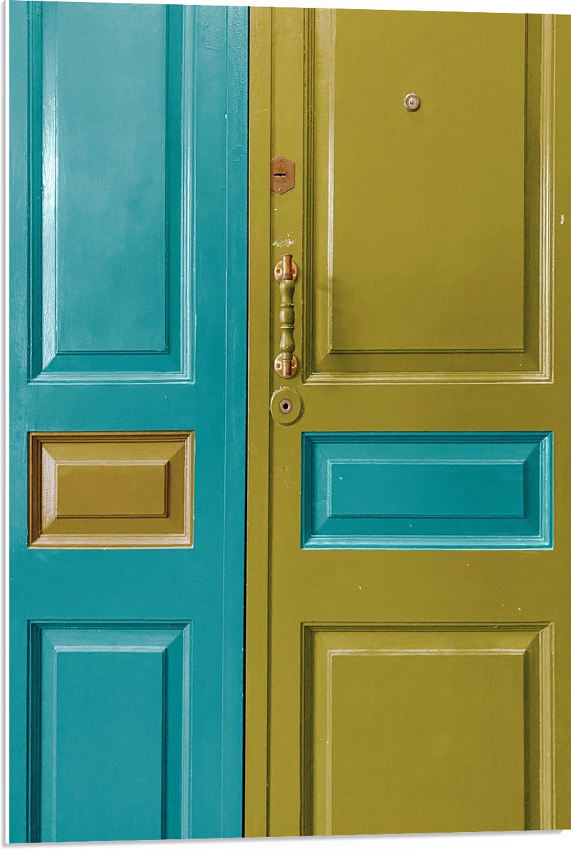 PVC Schuimplaat- Deur - Deurklink - Groen - Blauw - 50x75 cm Foto op PVC Schuimplaat