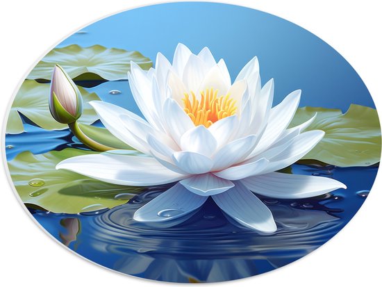 PVC Schuimplaat Ovaal - Wit Vol Bloeiende Waterlelie op Water en Leliebladeren - Bloemen - 40x30 cm Foto op Ovaal (Met Ophangsysteem)