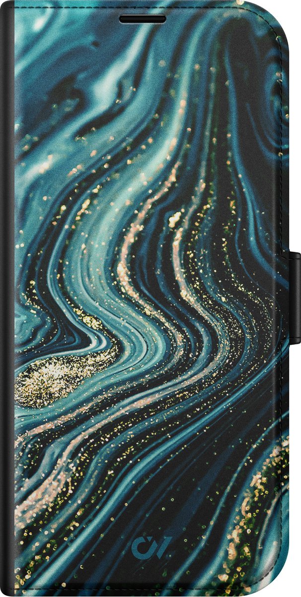 Bookcase - Apple iPhone 14 hoesje met pasjes - Blue Marble Waves - Blauw - Marmer - Kunstleer - Casevibes