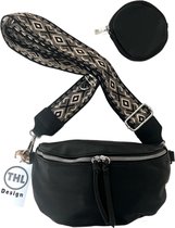 THL Design - Dames Crossbody Tas - Klein Schoudertasje - Heuptasje Dames - Bag Strap - Tassenriem zwart / beige print - Brede Riem - Zwart