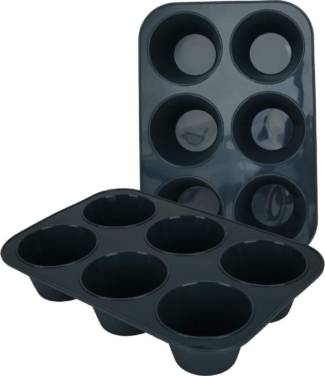 2 stuks grote muffinvormen van siliconen voor 6 muffins, anti-aanbaklaag, bakplaat voor cupcakes, brownies, cake, pudding, 27,8 x 19 x 5 cm, grijs