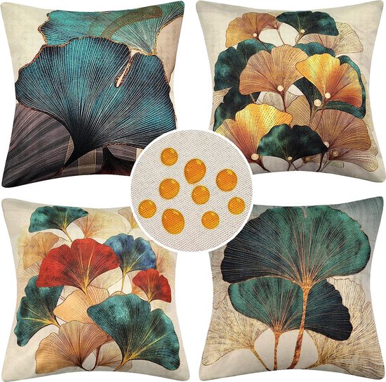 Lot de 4 Housses de Coussin 40x40 cm Carrées en Feuilles Vertes et Dorées  Housse Coussins de Canapé en Lin pour Taies d'oreiller de Canapé Salon