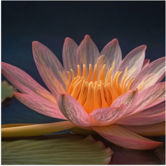 Poster Glanzend – Lotus Bloem Drijvend op Lelieblad en Water - 50x50 cm Foto op Posterpapier met Glanzende Afwerking