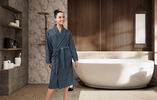 LINNICK Badjas Gaufré - Badjas Katoen Velours - Taille M - Blue Ocean - Badjas Femme - Badjas Homme - Badjas Sauna Unisexe