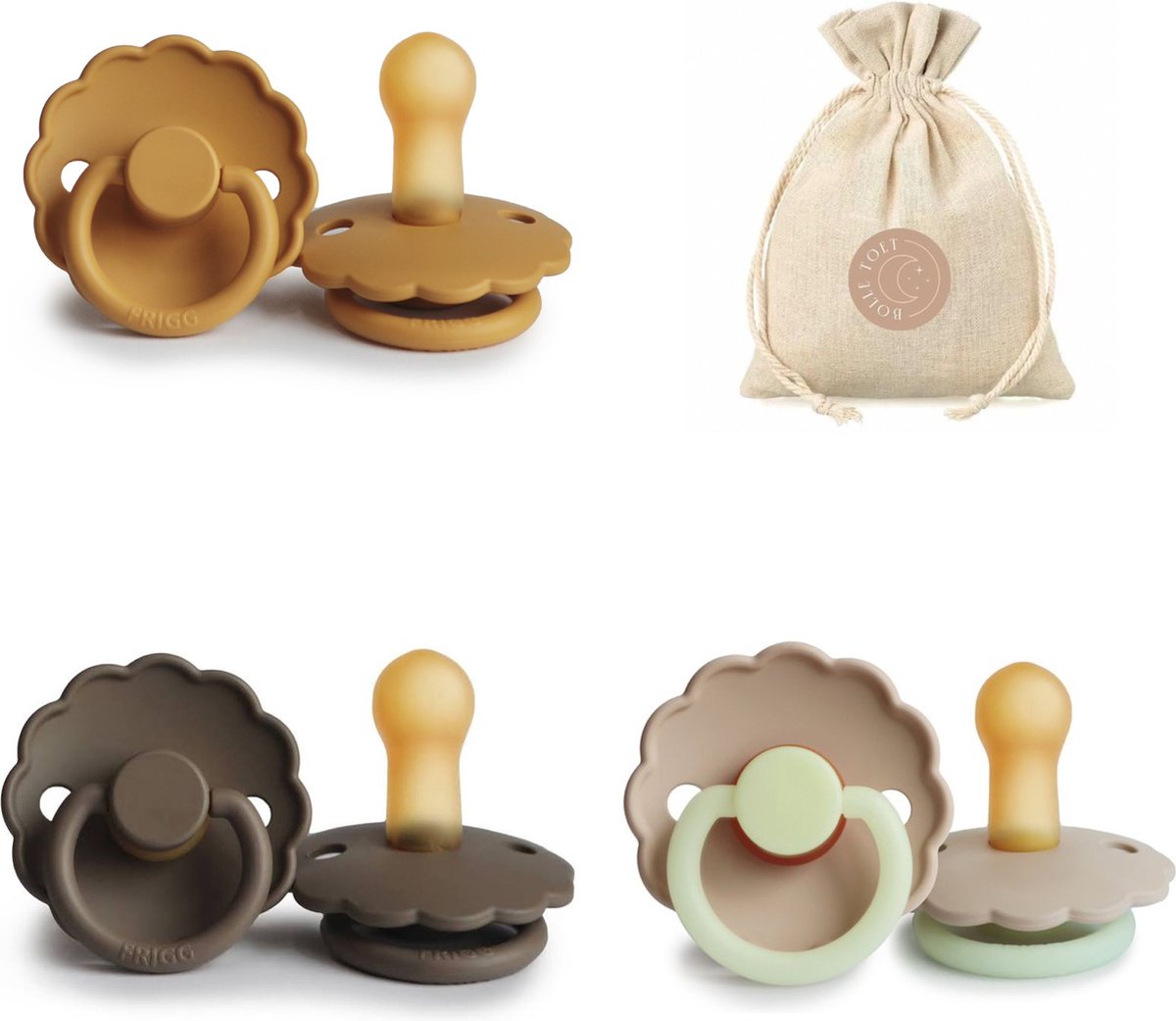 Goedkoopste FRIGG Daisy T1 - Honey gold, Portobello, Croissant Night Bolletoet speenzakje - 0-6 maanden