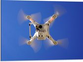 Dibond - Onderaanzicht van Vliegende Drone onder Blauwe Lucht - 80x60 cm Foto op Aluminium (Wanddecoratie van metaal)