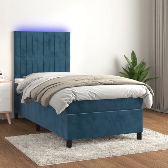 The Living Store Bedframe - Donkerblauw Fluweel - 203 x 90 x 118/128 cm - Verstelbaar hoofdbord - LED-verlichting - Pocketvering matras - Huidvriendelijk topmatras - Inclusief montagehandleiding
