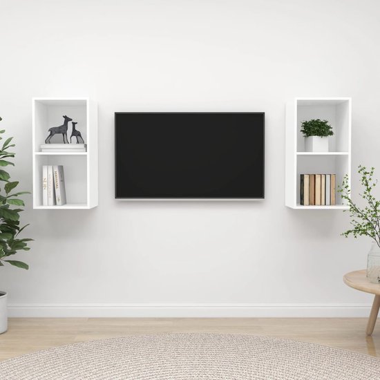 The Living Store Televisiewandmeubelen - Set van 2 - 37 x 37 x 72 cm - Wit hout