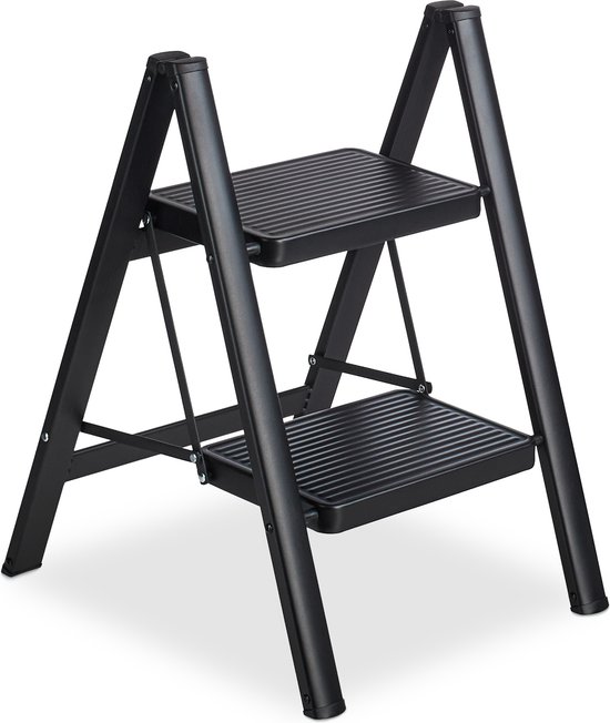 trapladder inklapbaar - 2 treden - lichtgewicht - staal - tot 120 kg - 60x42x48 cm - zwart