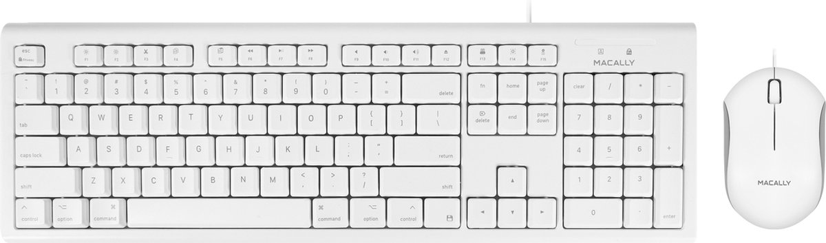 Macally QKEYCOMBO Full-size bedrade USB-A toetsenbord en 3-knops optische muis voor Mac - Wit - US Engels (ANSI)