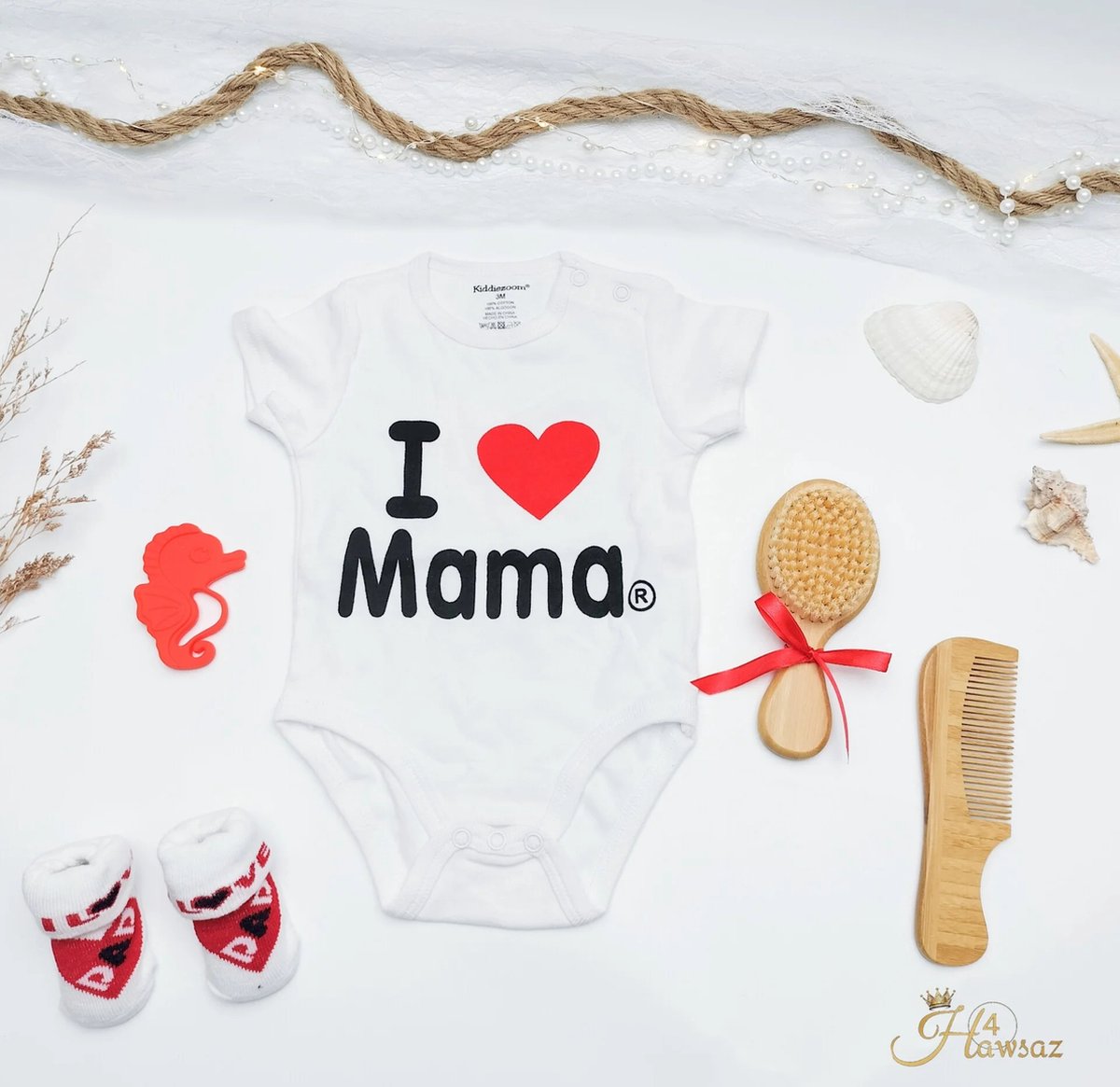 Goedkoopste Genderneutraal Kraamcadeau 5 stuks - Hawsaz.nl Kraampakket - Gepersonaliseerd cadeau - Genderneutraal baby cadeau - Babygeschenksets - Rompertje i love mama - Kam en borstel set - Geboortecadeau - Babykleding - Babyshower cadeau - Babygeschenkset