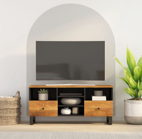 The Living Store Tv-meubel Industrieel - Massief mangohout - 100 x 33 x 46 cm - Stabiele poten