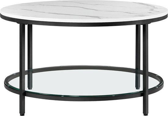 Signature Home Istanbul Salontafel - Rond Salontafel - banktafel woonkamertafel met glasplaat - veel opbergruimte - witte marmerlook Zwart frame