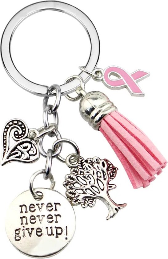 Foto: Sleutelhanger never give up met pink ribbon symbool