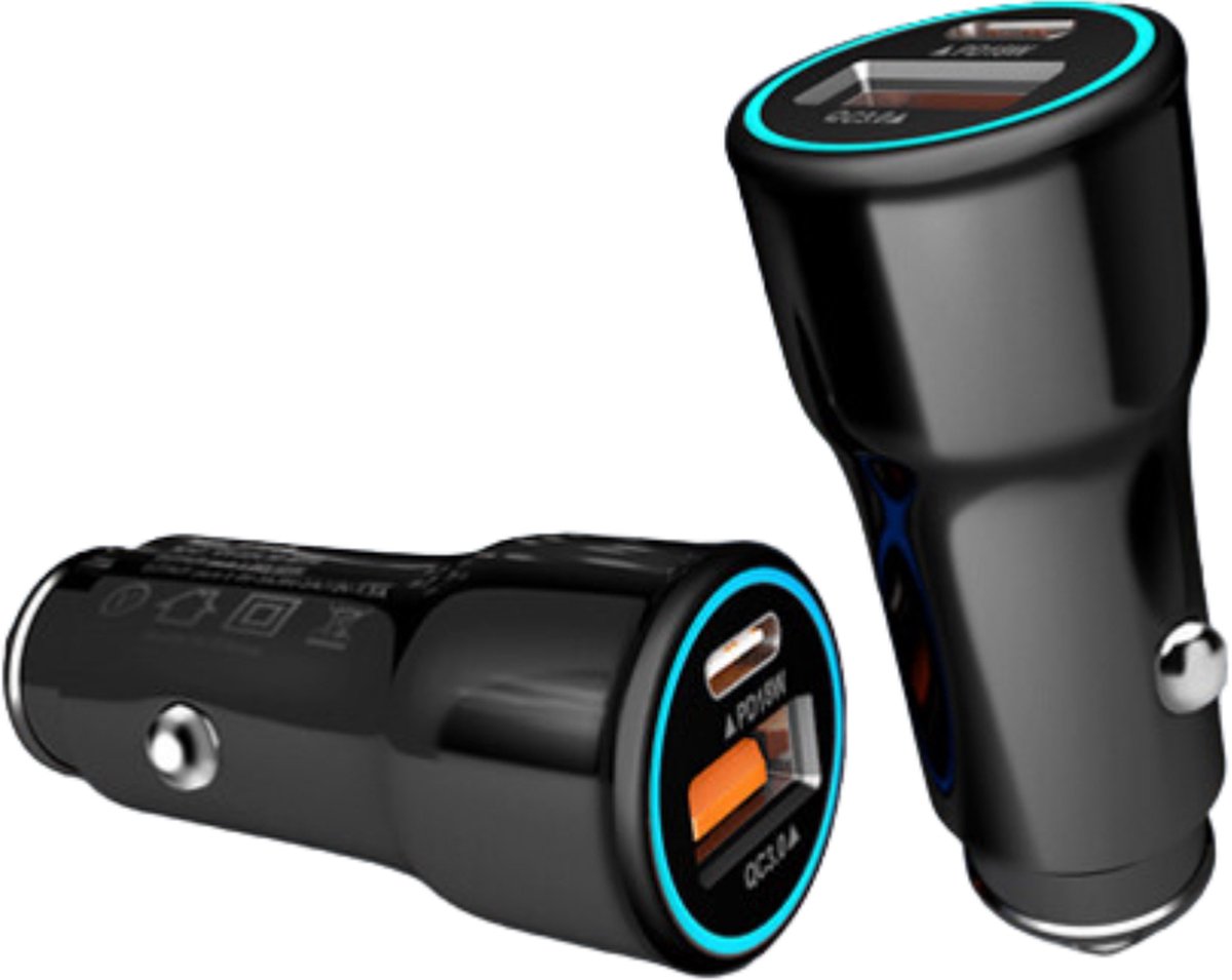 Goedkoopste Autolader USB - USB autolader 2 poorten - USB C/3,0 P32 - Auto lader - Auto oplader USB - Zwart