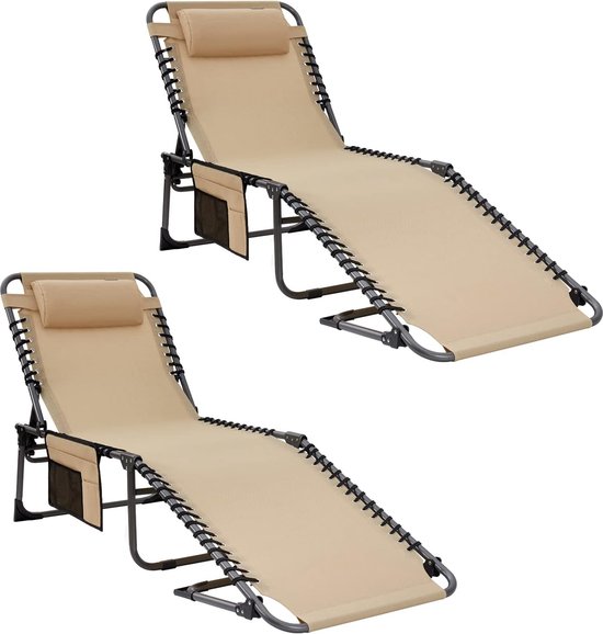 POEPORE Set van 2 verstelbare campingstoelen, 4 posities met voetsteun, comfortabel voor volwassenen, 265 Ibs, opvouwbare ligstoel, strandstoel van gaas, met koeltas, katoenen kussen en bekerhouder