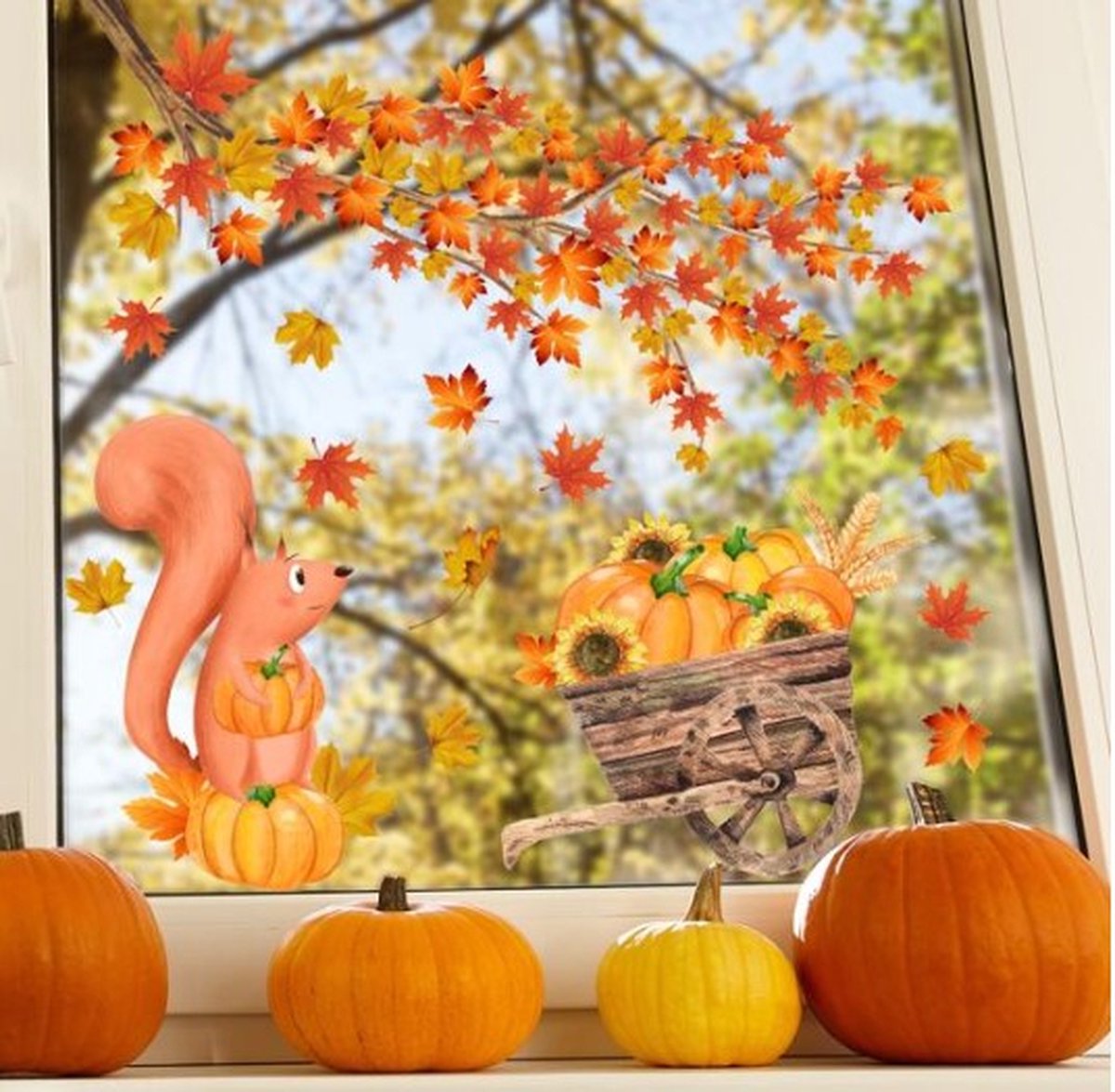 Muursticker Raamstickers Herfst / Autumn / Thanksgiving - Bladeren - Blad - Pompoenen / Kalebassen - Eekhoorn | Bos Sticker - Herbruikbaar | Raam Decoratie - Winkel - School - Peuterspeelzaal - Huis - Veranda- Kantoor -- Verwijderbaar | DH collection
