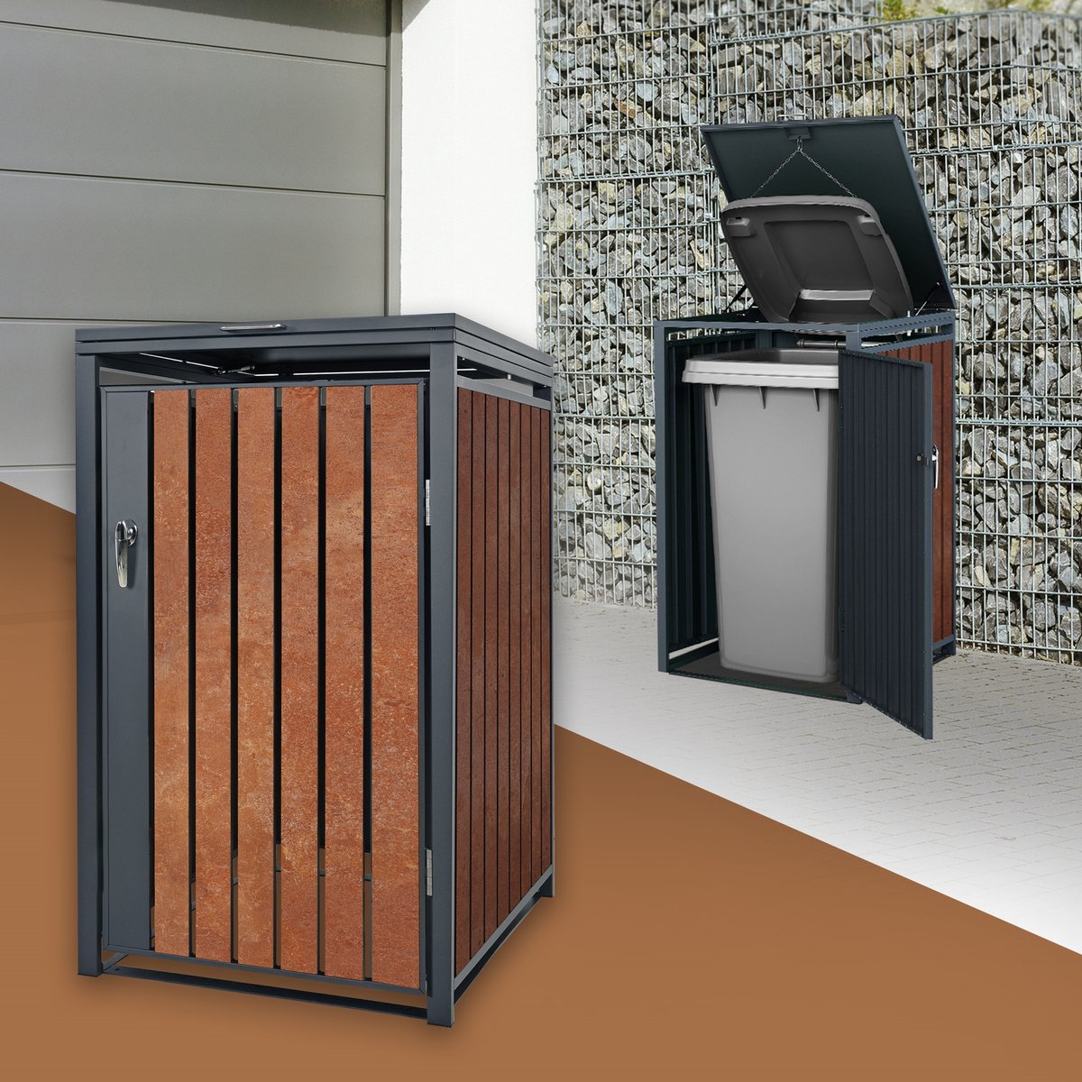 Klikoombouw, Container ombouw voor 1 container tot 240 l, 68 x 80 x 120 cm, van staal met roestlook ML-Design