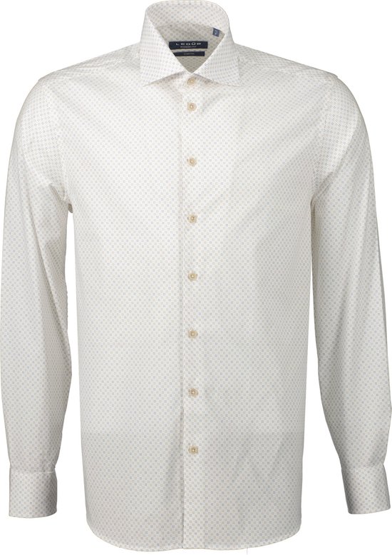 Ledub modern fit overhemd - wit met beige en blauw dessin - Strijkvriendelijk - Boordmaat: 46
