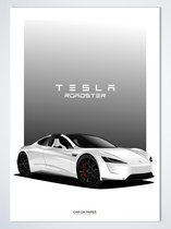 Tesla Roadster Wit op Poster - 50 x 70cm - Auto Poster Kinderkamer / Slaapkamer / Kantoor