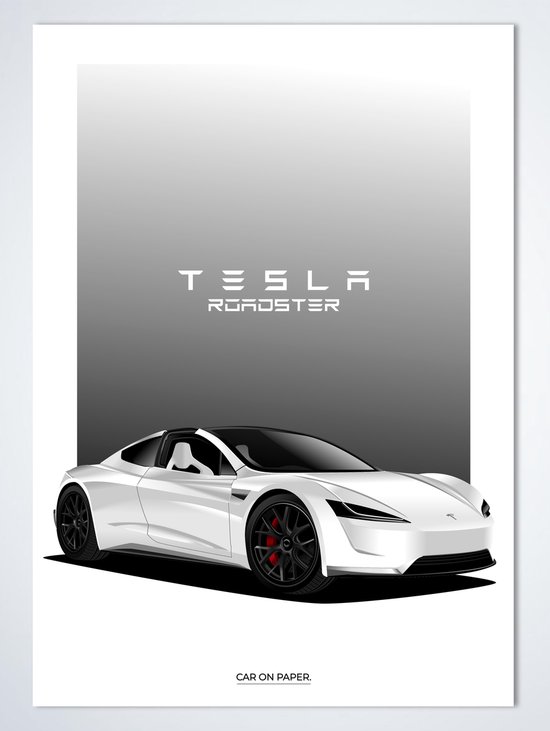 Tesla Roadster Wit op Poster - 50 x 70cm - Auto Poster Kinderkamer / Slaapkamer / Kantoor